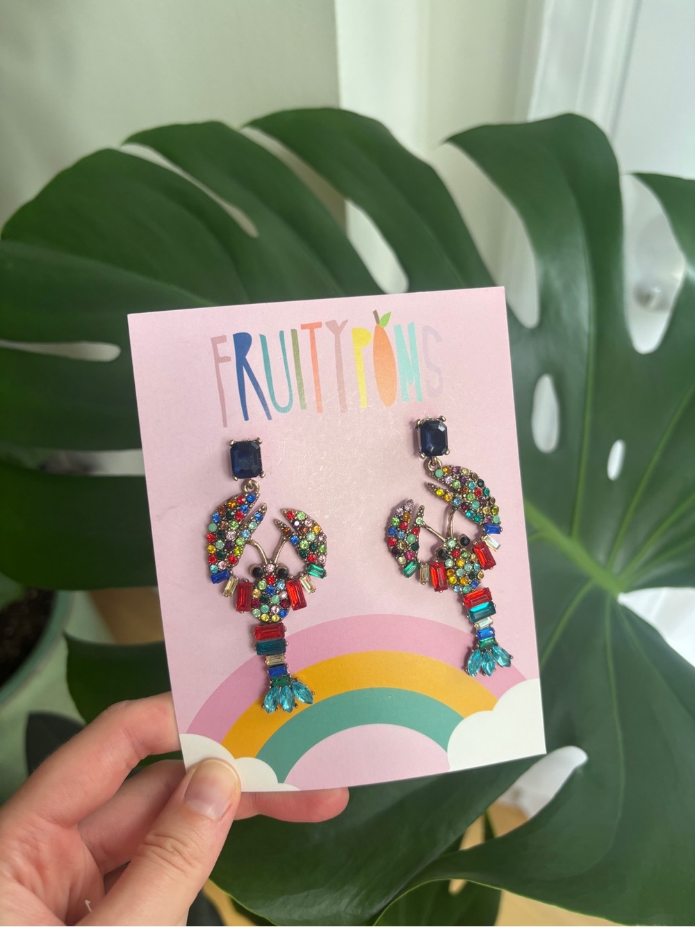 Fruity Poms Lobster Gemstone Earrings Studs Costume Glitzy